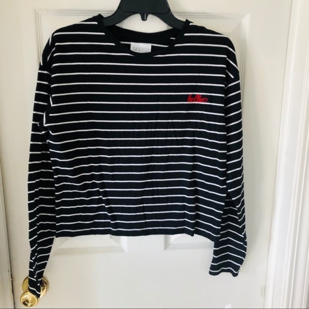 NWT ISA & ELLA black striped cotton long sleeve embroidered Hello shirt SZ large